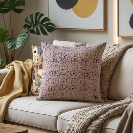 Decorative pillow on a couch with a plant and abstract art in the background