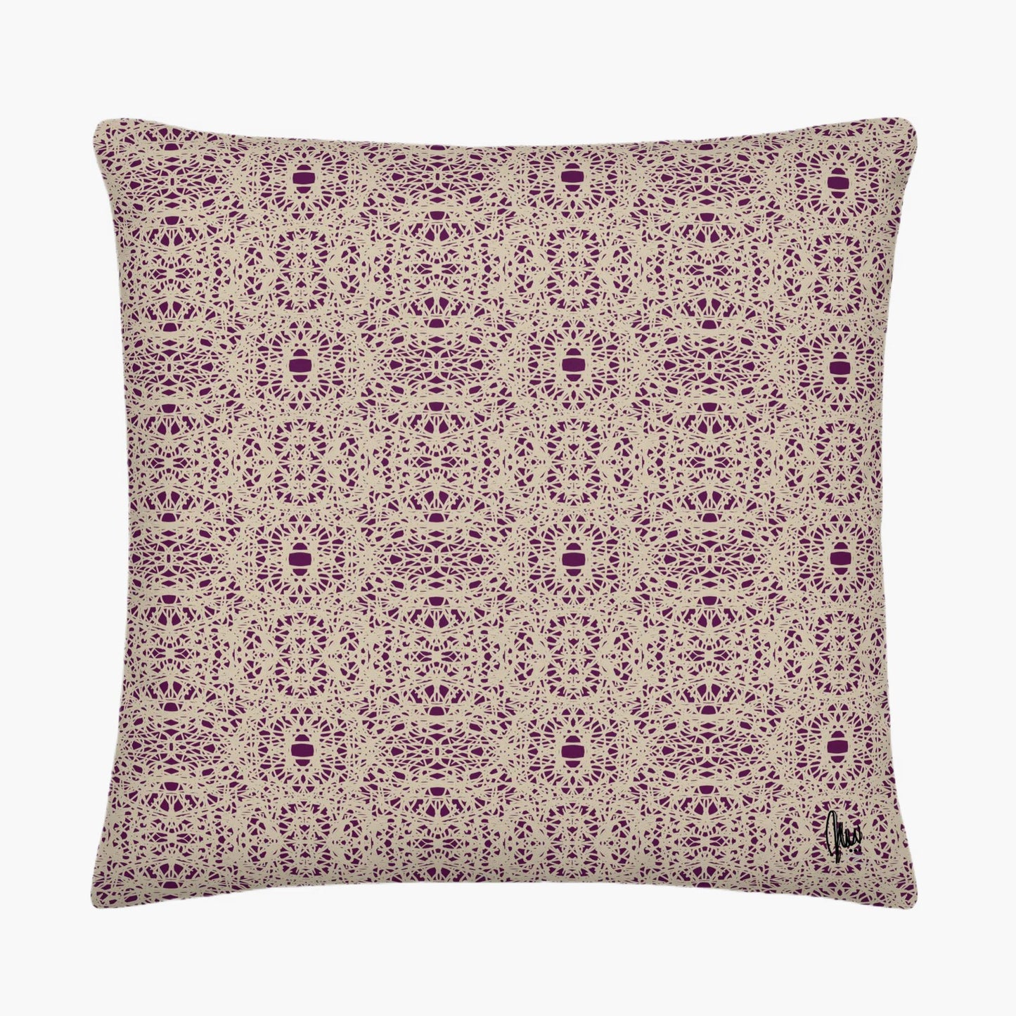 Decorative pillow with purple geometric pattern on beige background
