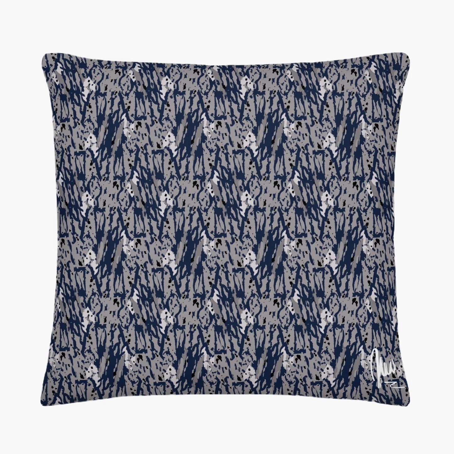 Decorative pillow with blue and gray abstract pattern on a white background