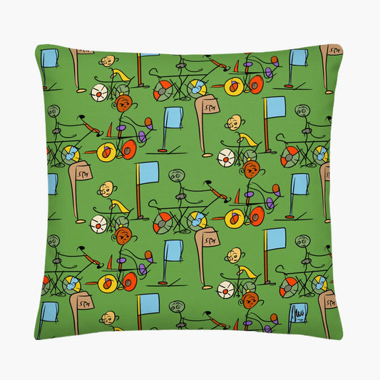 Green pillow with colorful bicycle pattern on a white background - by Northwind Illustrations