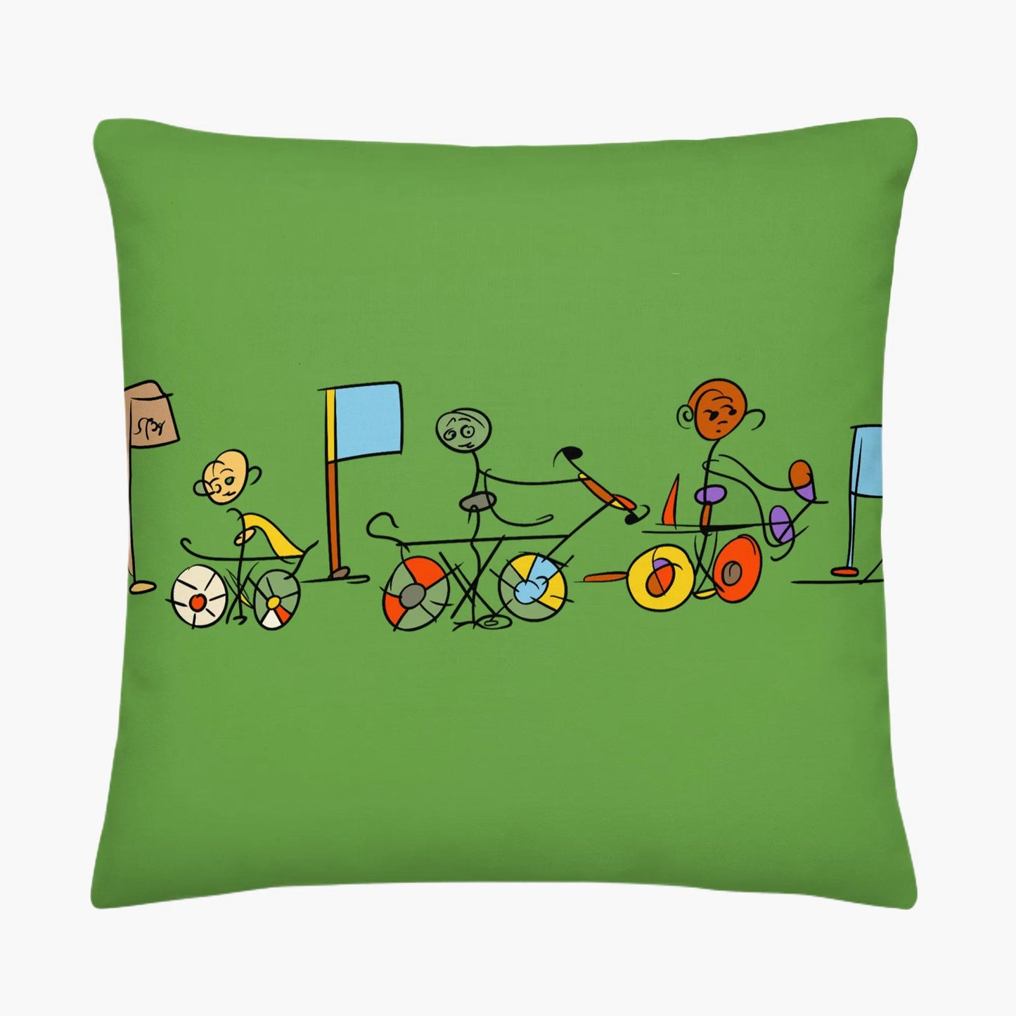 Green pillow with colorful stick figure design on a white background