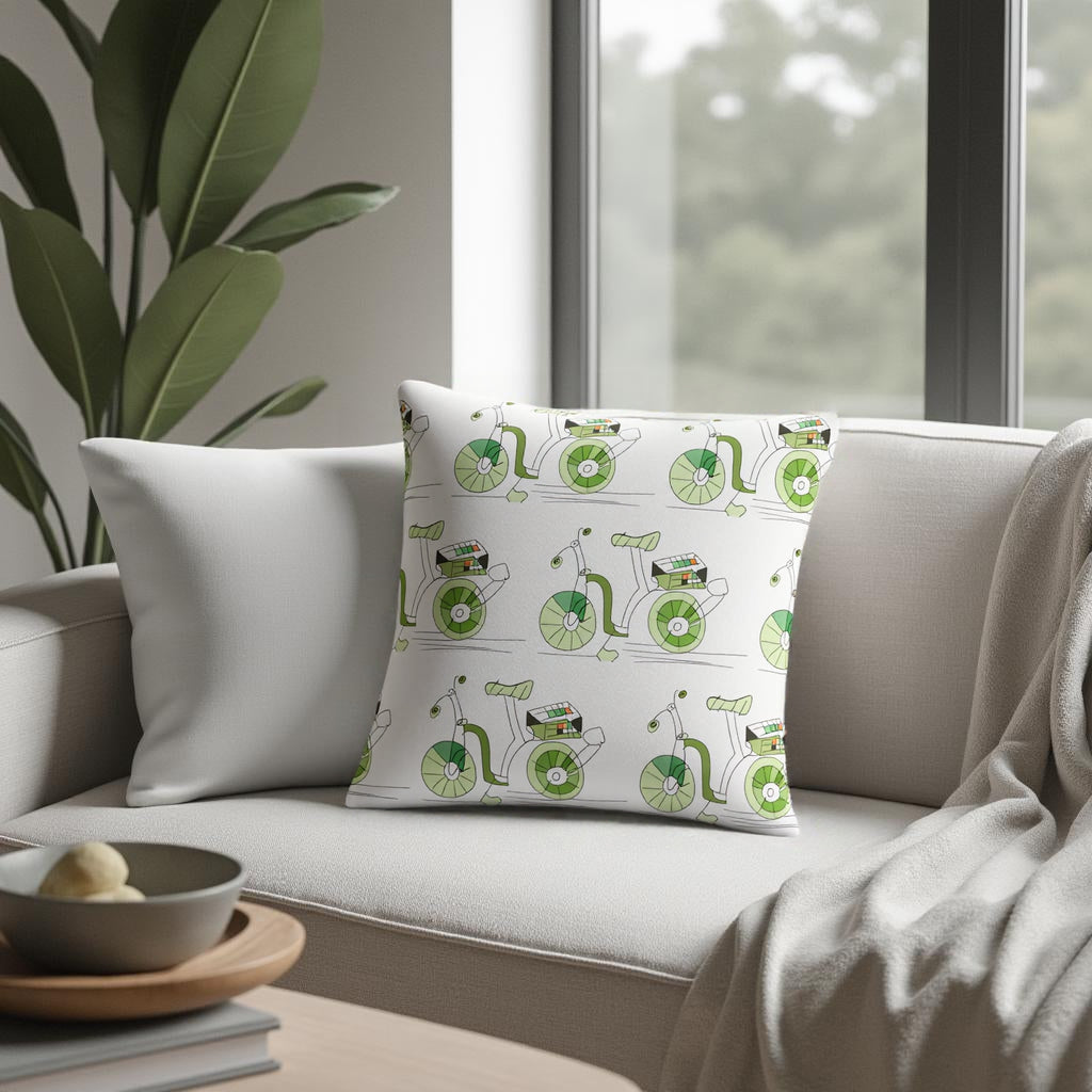 Decorative pillow with green and white design on a beige sofa in a room with a plant and window.
