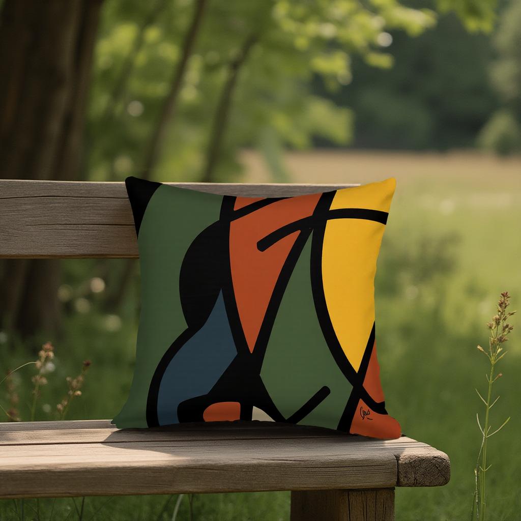 Colorful abstract cushion on a wooden bench with a natural background - by Northwind Illustrations