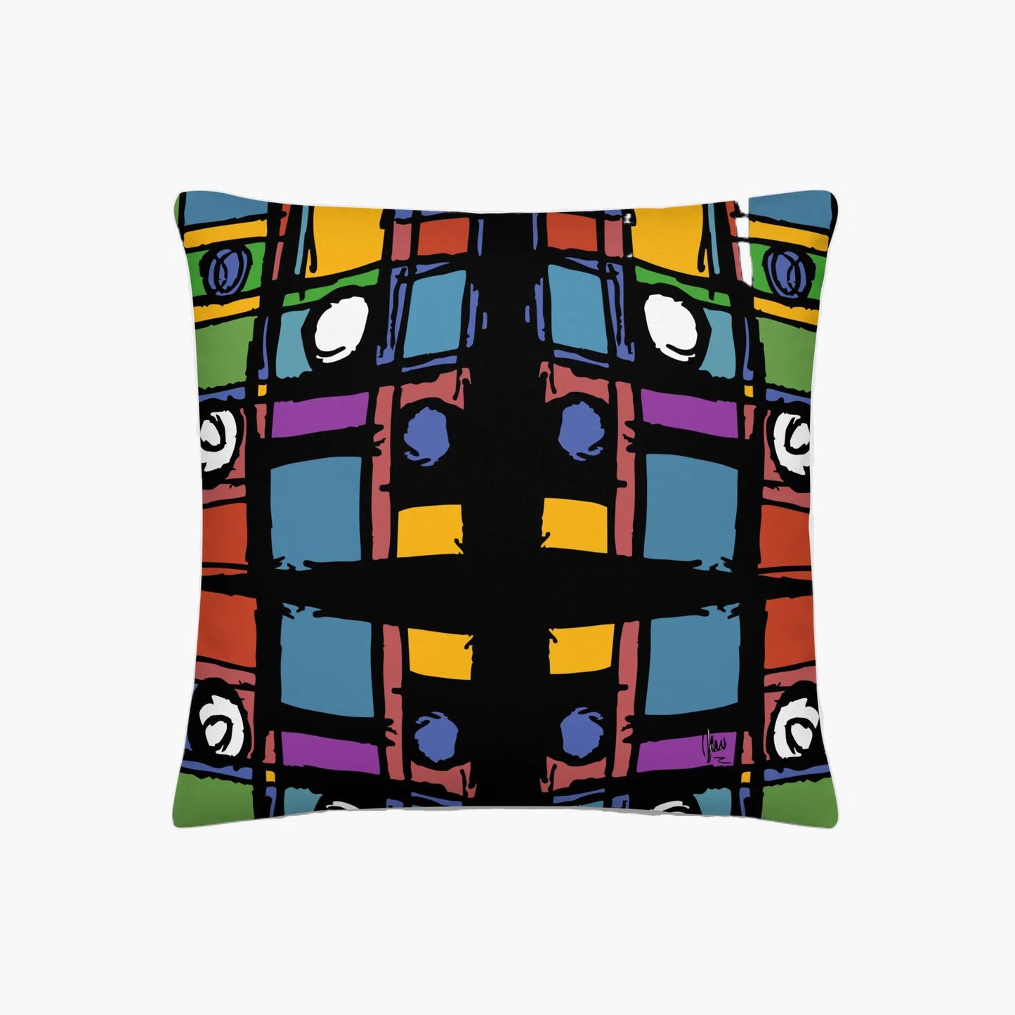 Colorful abstract patterned pillow on a white background
