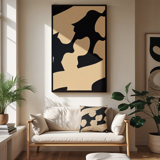 Living room with a beige sofa, abstract art on the wall & woven cushion