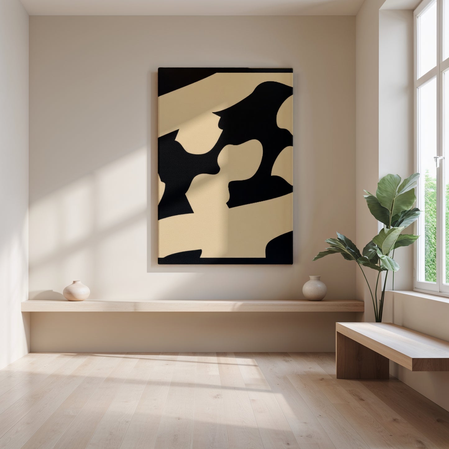 Abstract art piece on a wall in a bright room with a plant and vase.