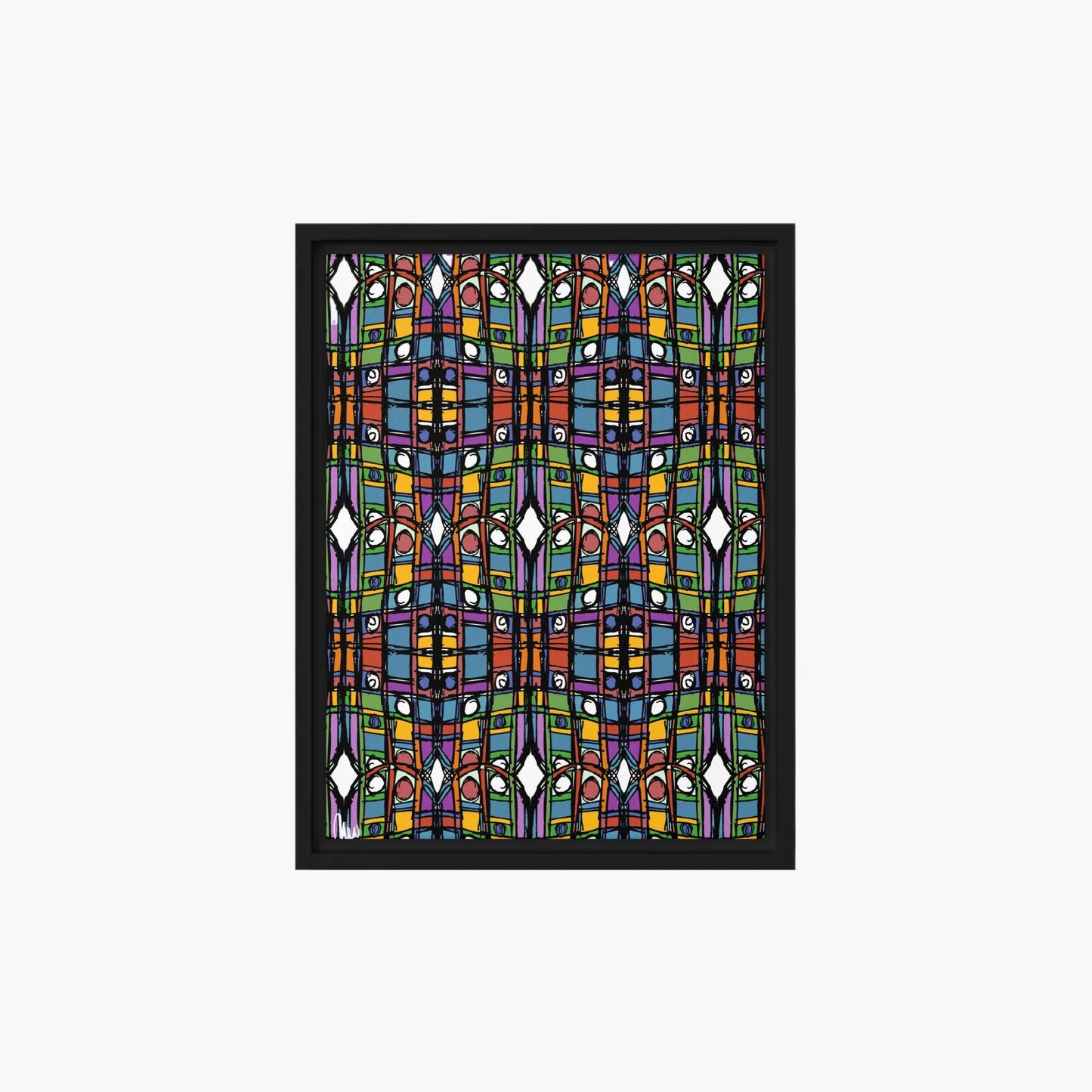 Colorful geometric patterned design on a white background