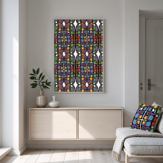 Colorful abstract painting on a wall above a cabinet with decorative items.