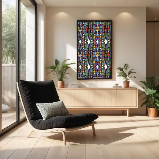 Modern living room with a black chair, colorful abstract painting, and potted plants.