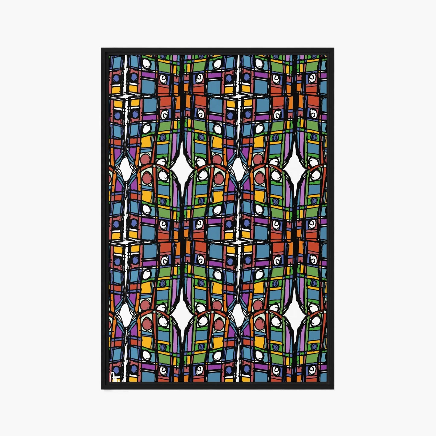 Colorful geometric patterned design on a white background