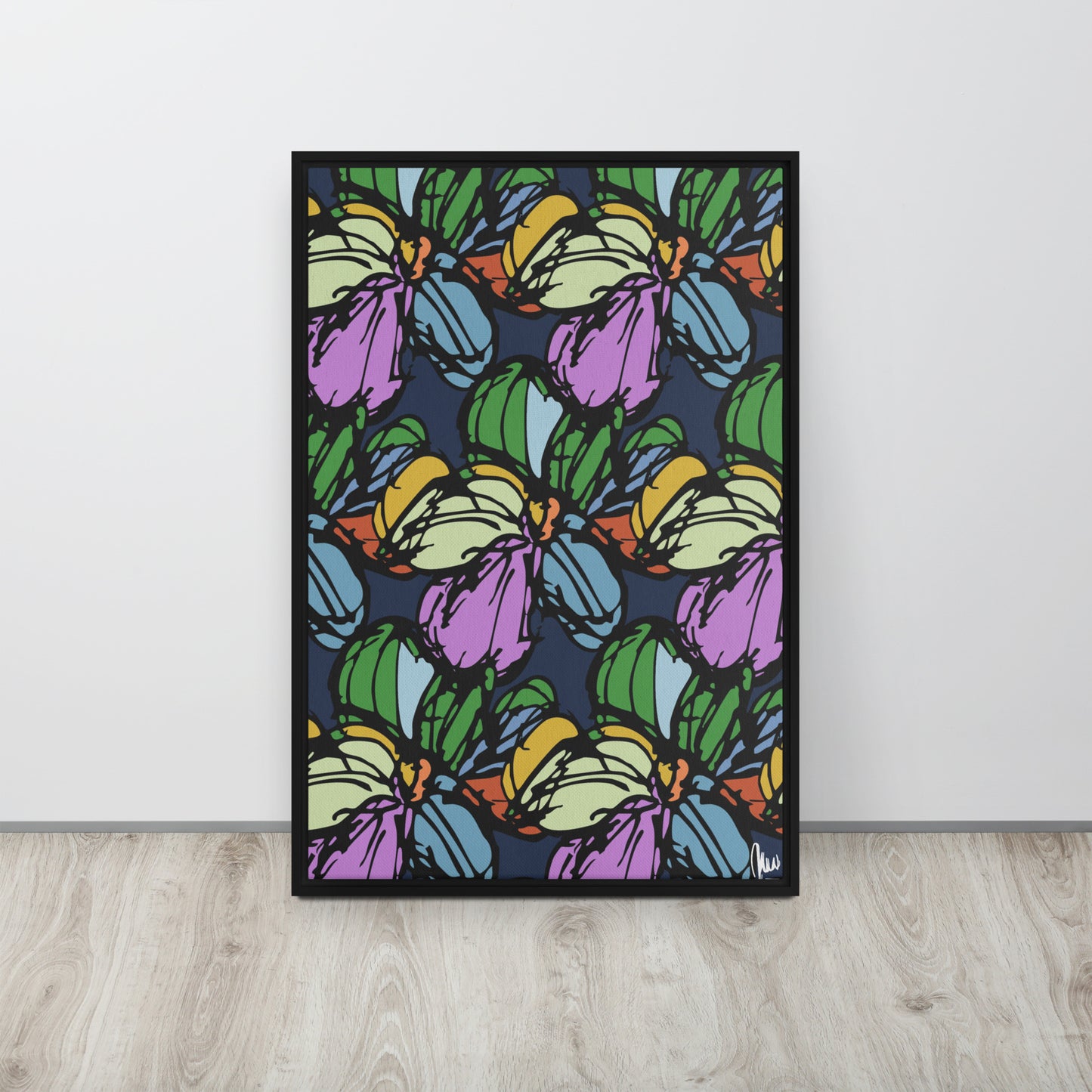 Colorful butterfly patterned rug on a wooden floor with a white wall background