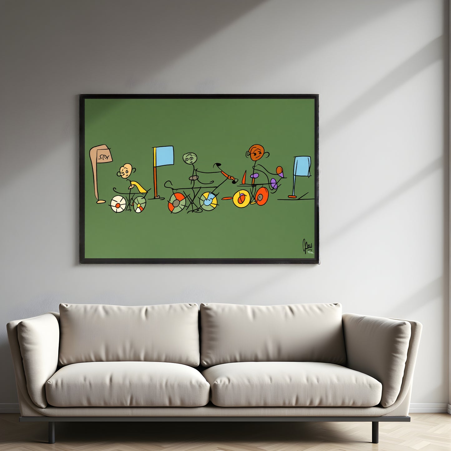 Framed cartoon on a wall above a sofa