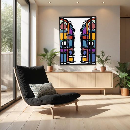 Modern living room with a black chair, colorful abstract painting, and potted plants.