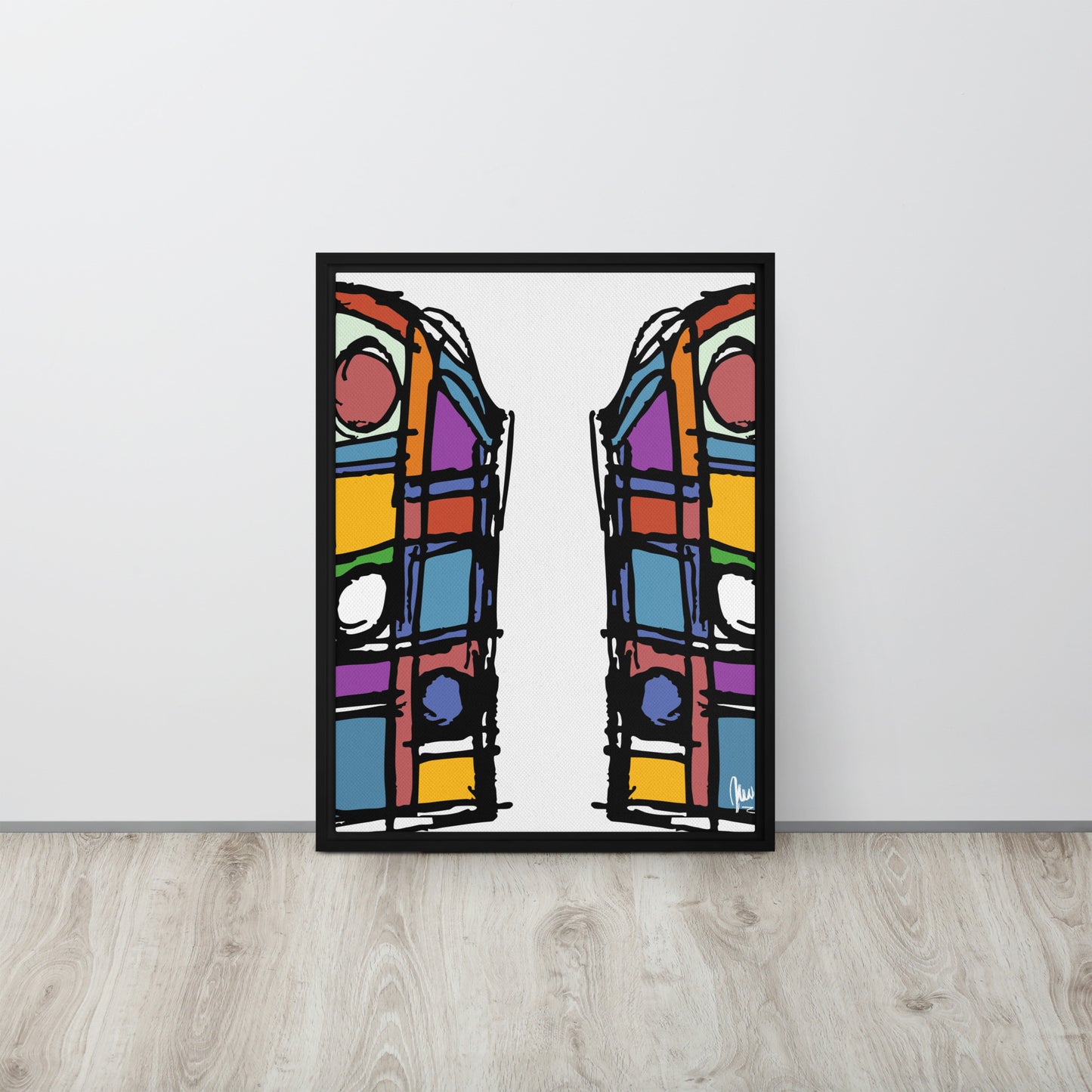 Colorful abstract artwork on a white wall with wooden floor by northwind illustrations