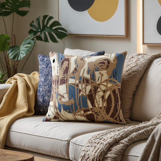 Decorative pillows on a beige sofa with abstract patterns in a living room setting.