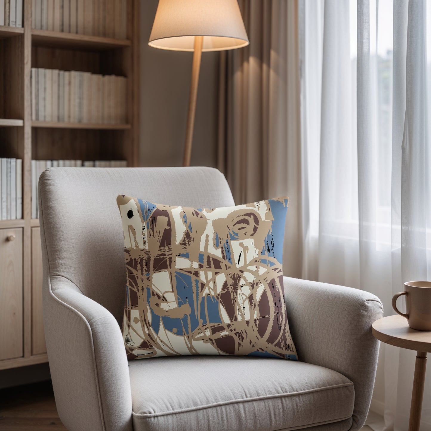 Decorative pillow on a chair in a cozy living room setting with a lamp and bookshelf.