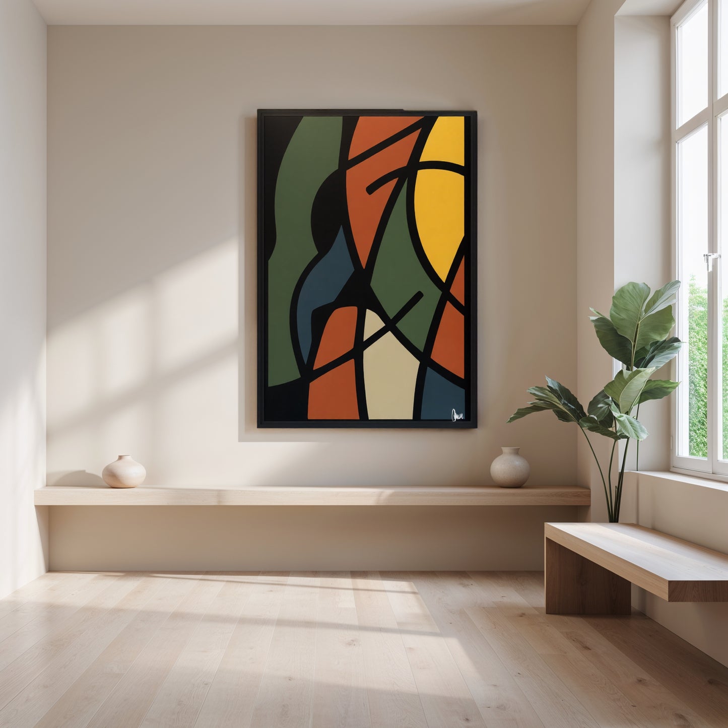 Abstract colorful painting on a wall in a bright room with a plant and shelves.
