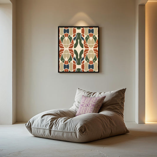 Decorative pillow on a floor cushion with a colorful abstract painting on the wall by northwind illustration