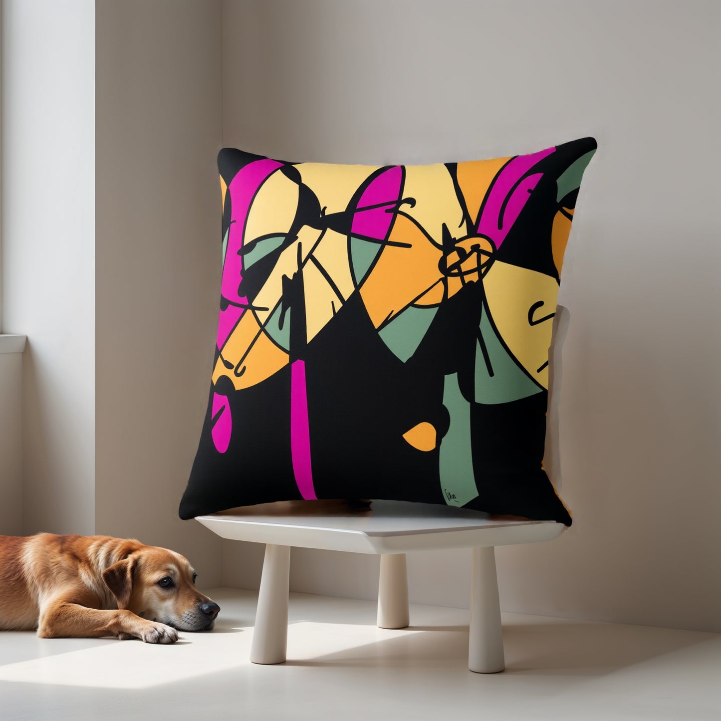 Colorful butterfly-patterned pillow on a white stool with a dog lying on the floor.