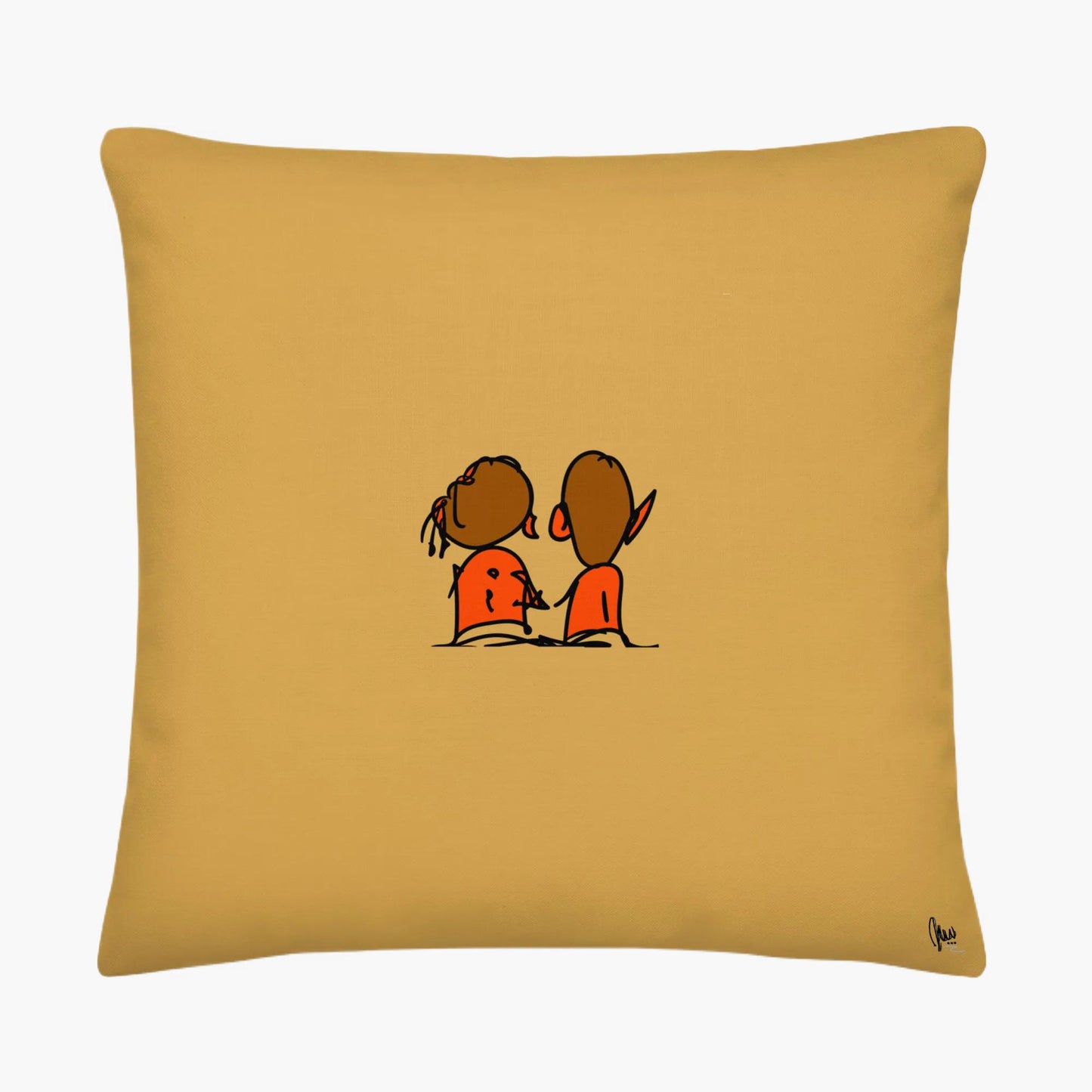 Yellow pillow with cartoon characters holding hands on a white background