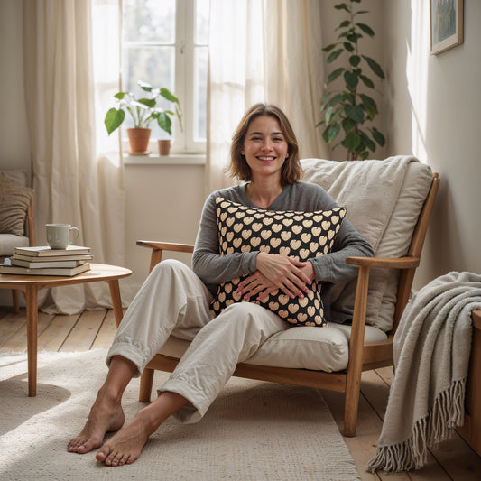 Woman sitting in a cozy living room holding a heart-patterned pillow.