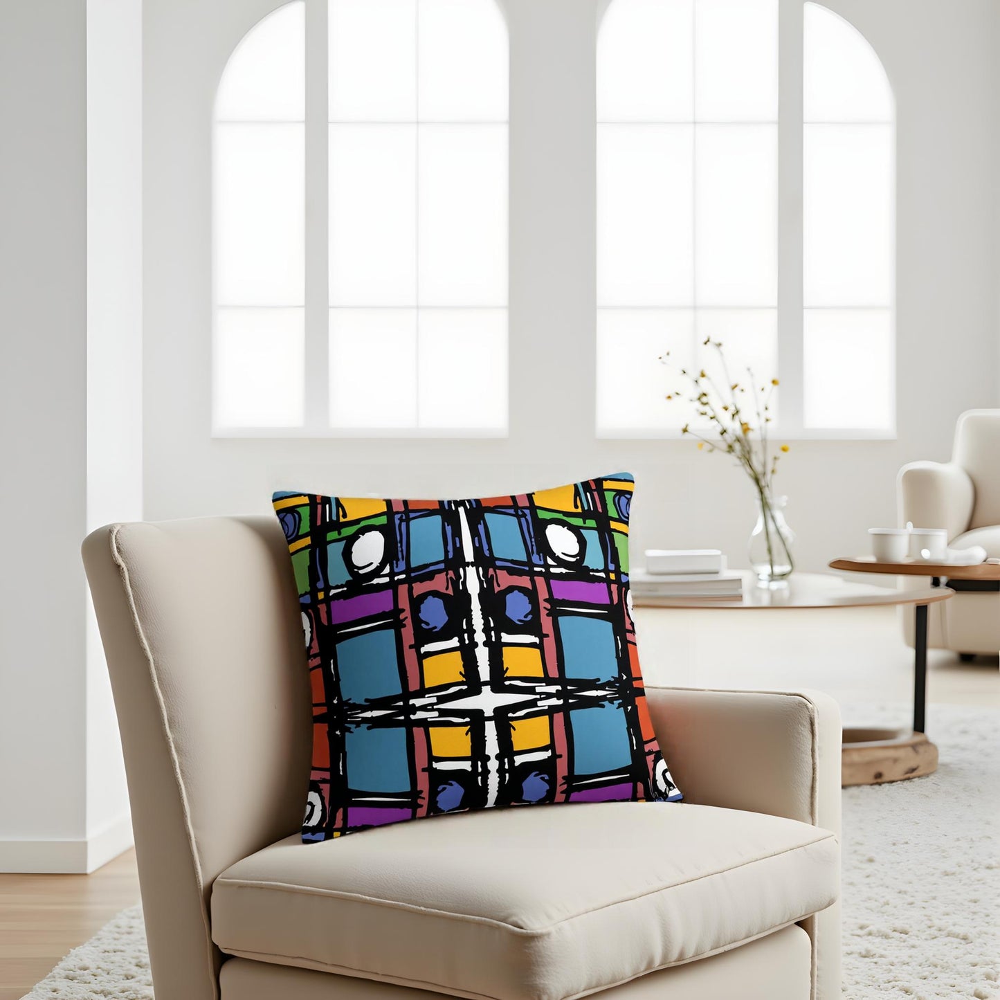 Colorful patterned pillow on a beige armchair in a bright living room.