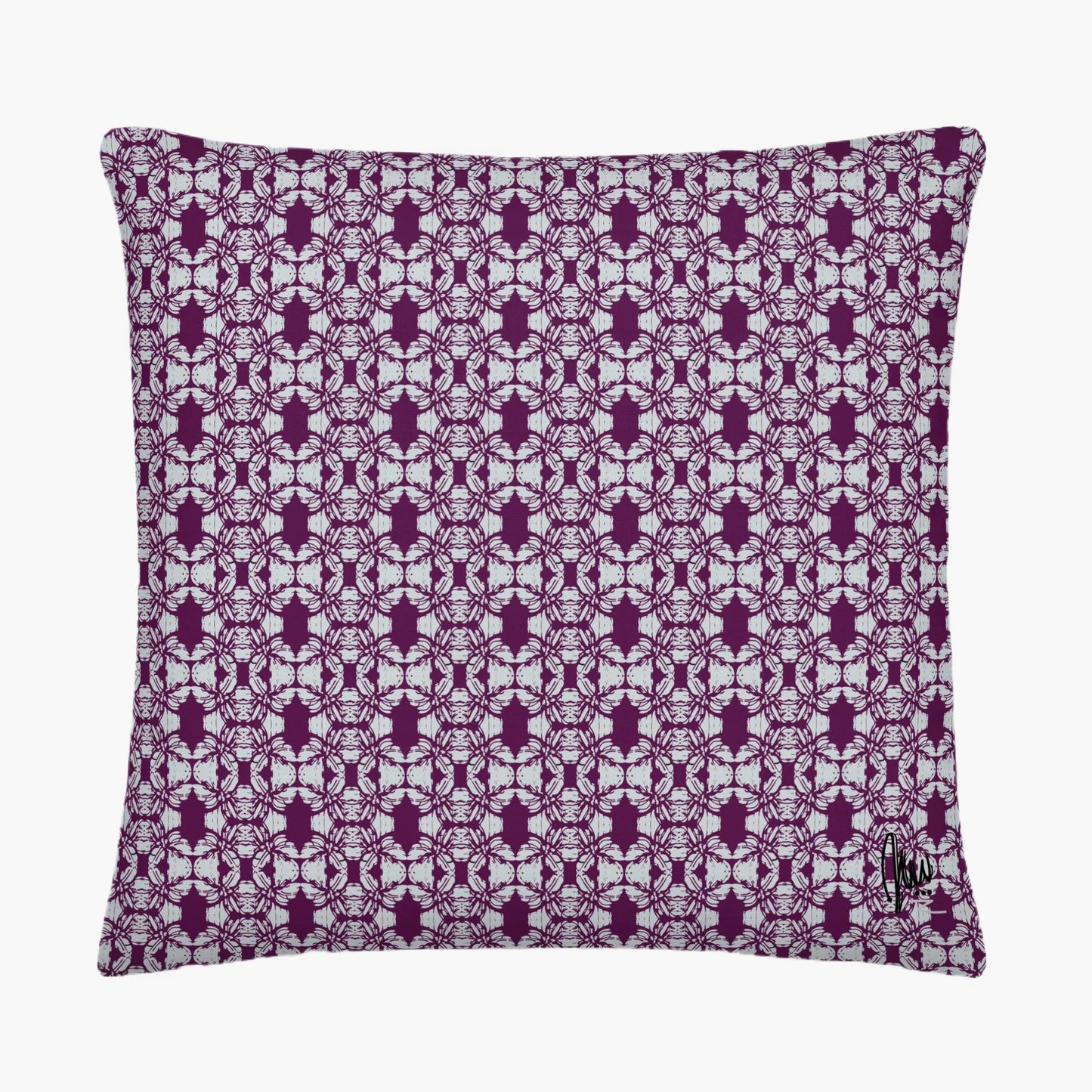 Decorative pillow with a purple geometric pattern on a white background