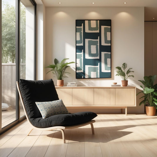 Modern living room with a black cushioned chair, wooden cabinet, and decorative plants.