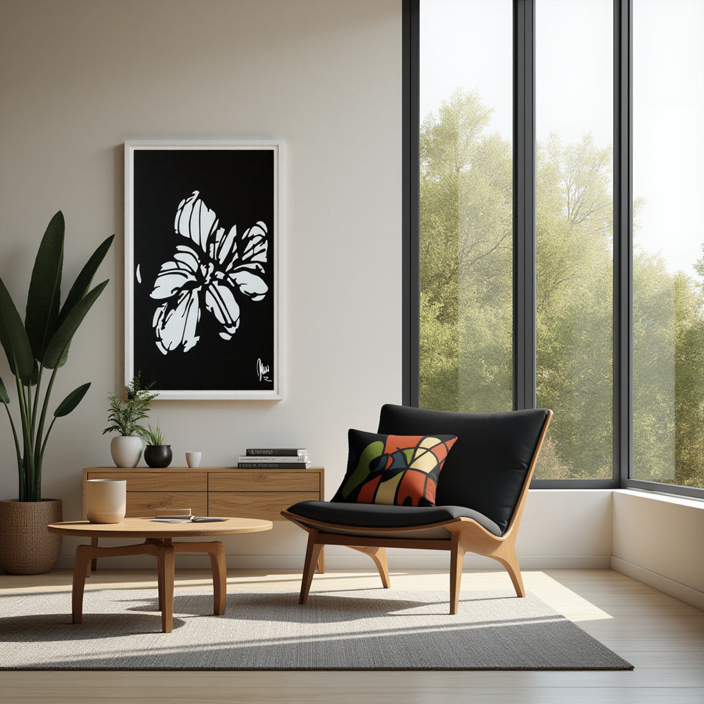 Modern living room with a black and white floral artwork on the wall, a wooden side table, and a chair with a colorful pillow.
