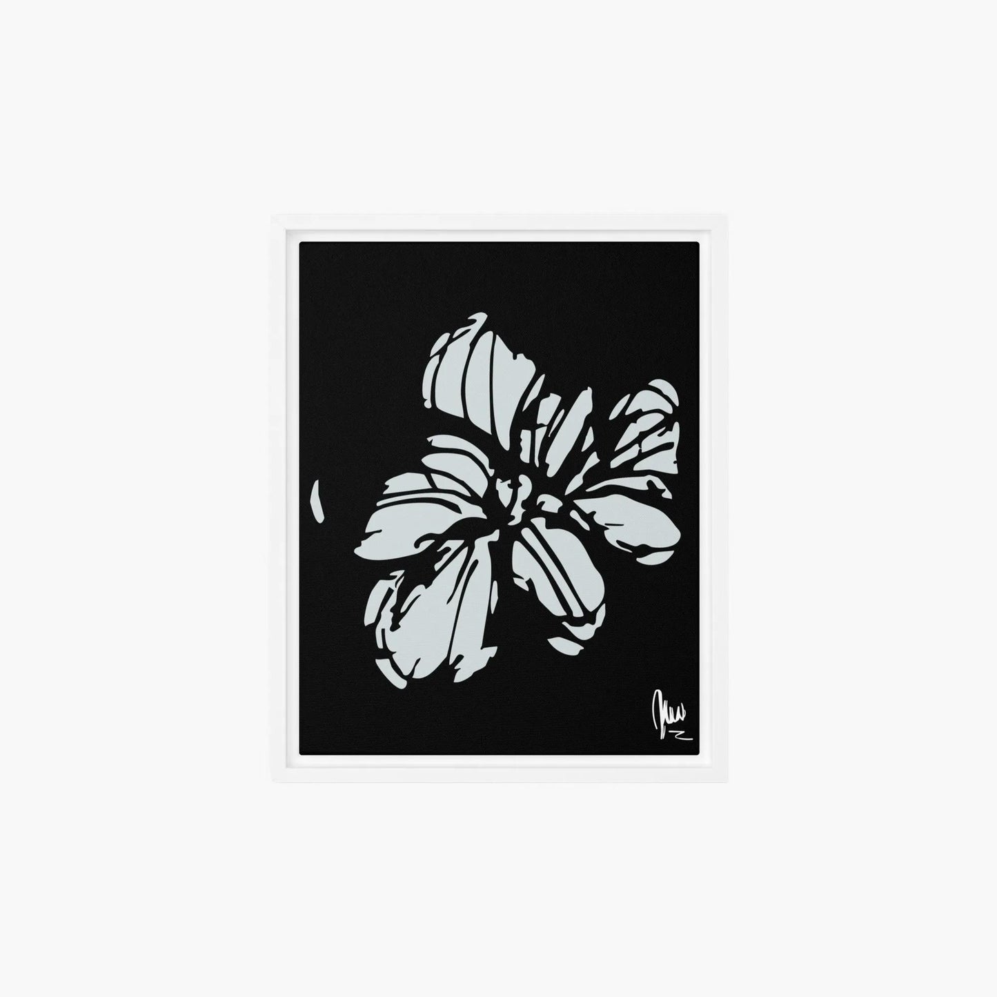 Black and white floral design on a black background