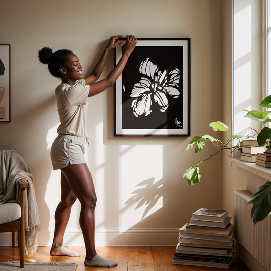 Woman hanging a framed black and white floral artwork in a sunlit room.