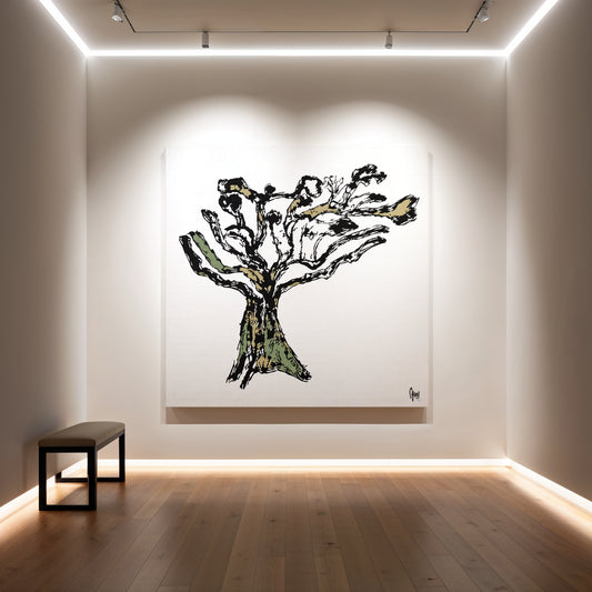 Artistic depiction of a tree on a wall in a modern room with wooden floor and bench.