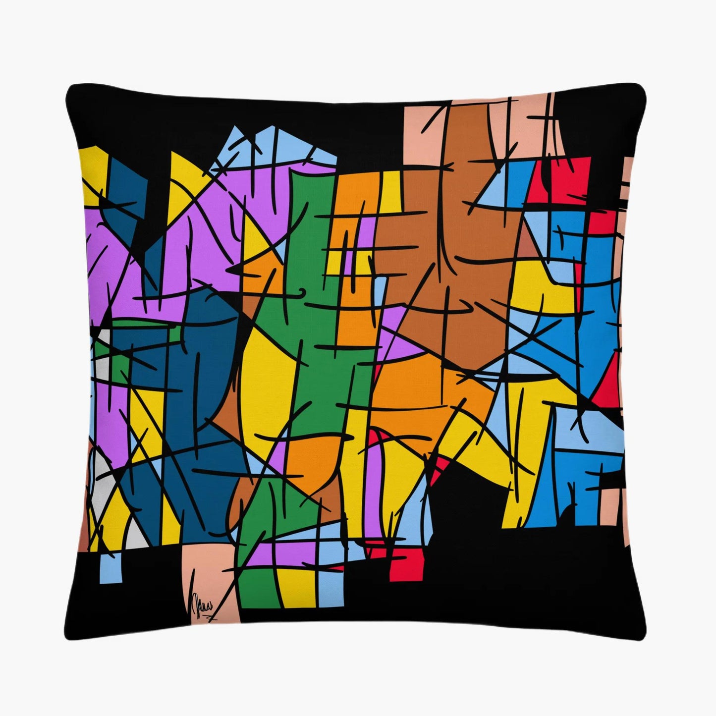 Colorful abstract patterned pillow on a white background