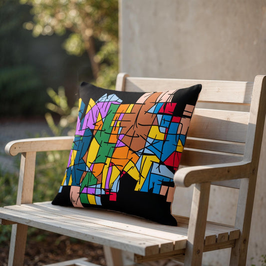 Colorful abstract-patterned pillow on a wooden bench outdoors