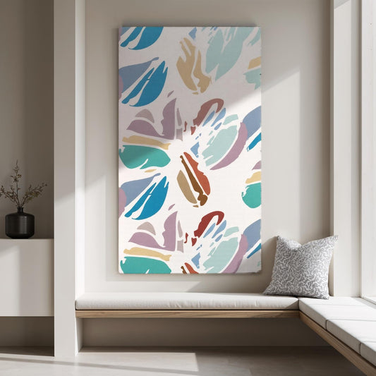 Colorful abstract wall art on a white wall above a wooden bench - by Northwind Illustrations