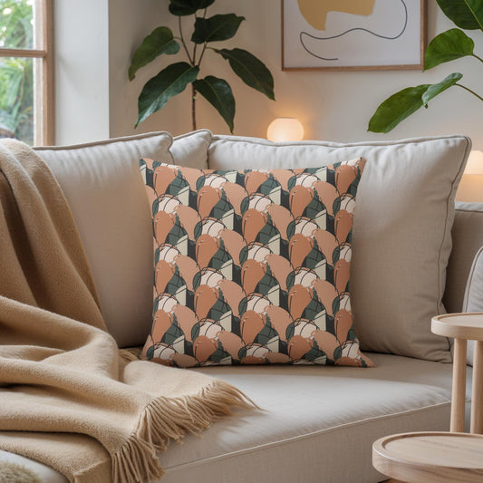 Decorative pillow with geometric pattern on a beige sofa in a living room setting.