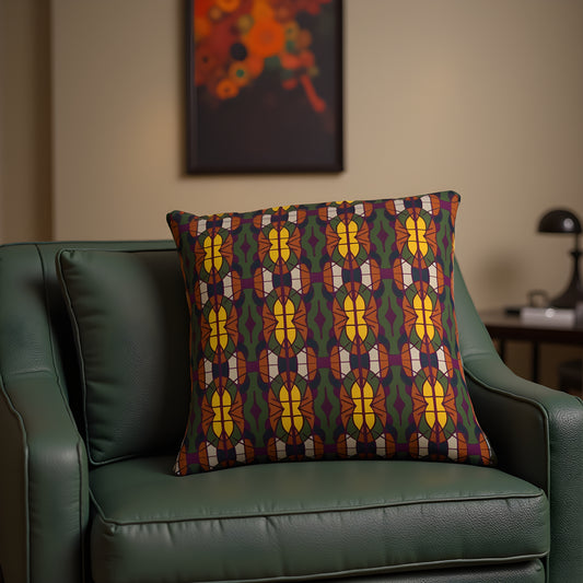 Decorative pillow with a colorful pattern on a green couch in a room - by Northwind Illustrations