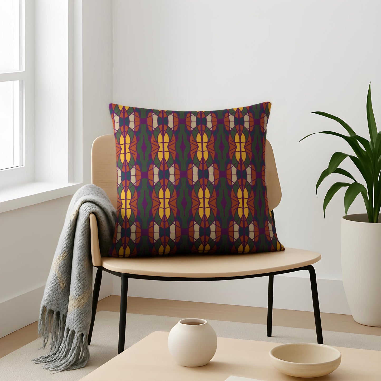 Decorative pillow with a colorful pattern on a chair in a room with a plant and table - by Northwind Illustrations