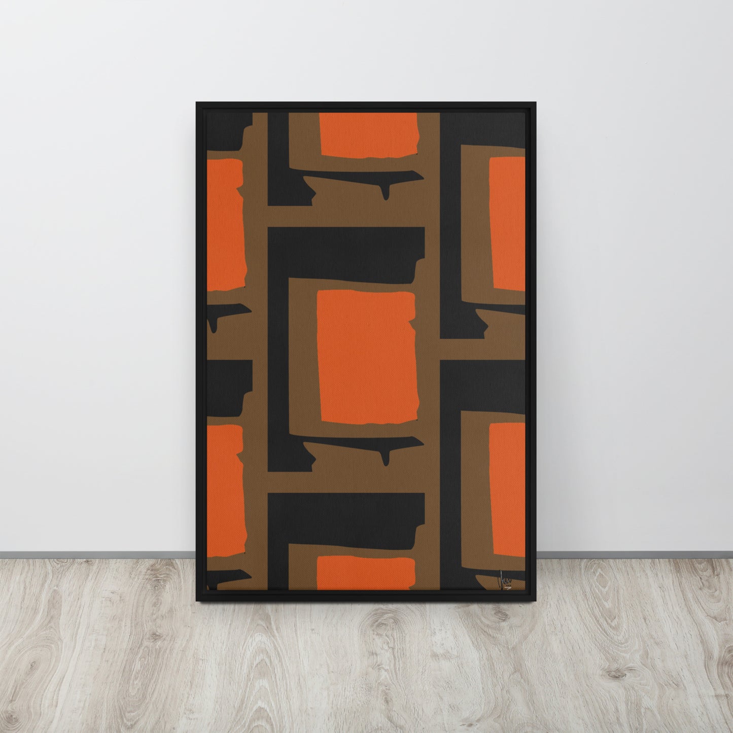 Abstract art print with geometric shapes in orange, brown, and black on a white wall - by Northwind Illustration