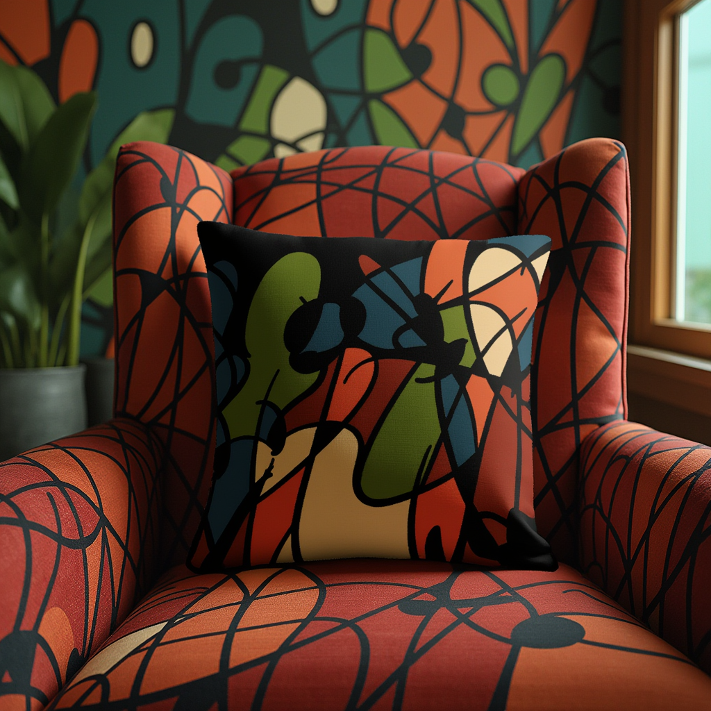 Decorative pillow on a colorful armchair with abstract design