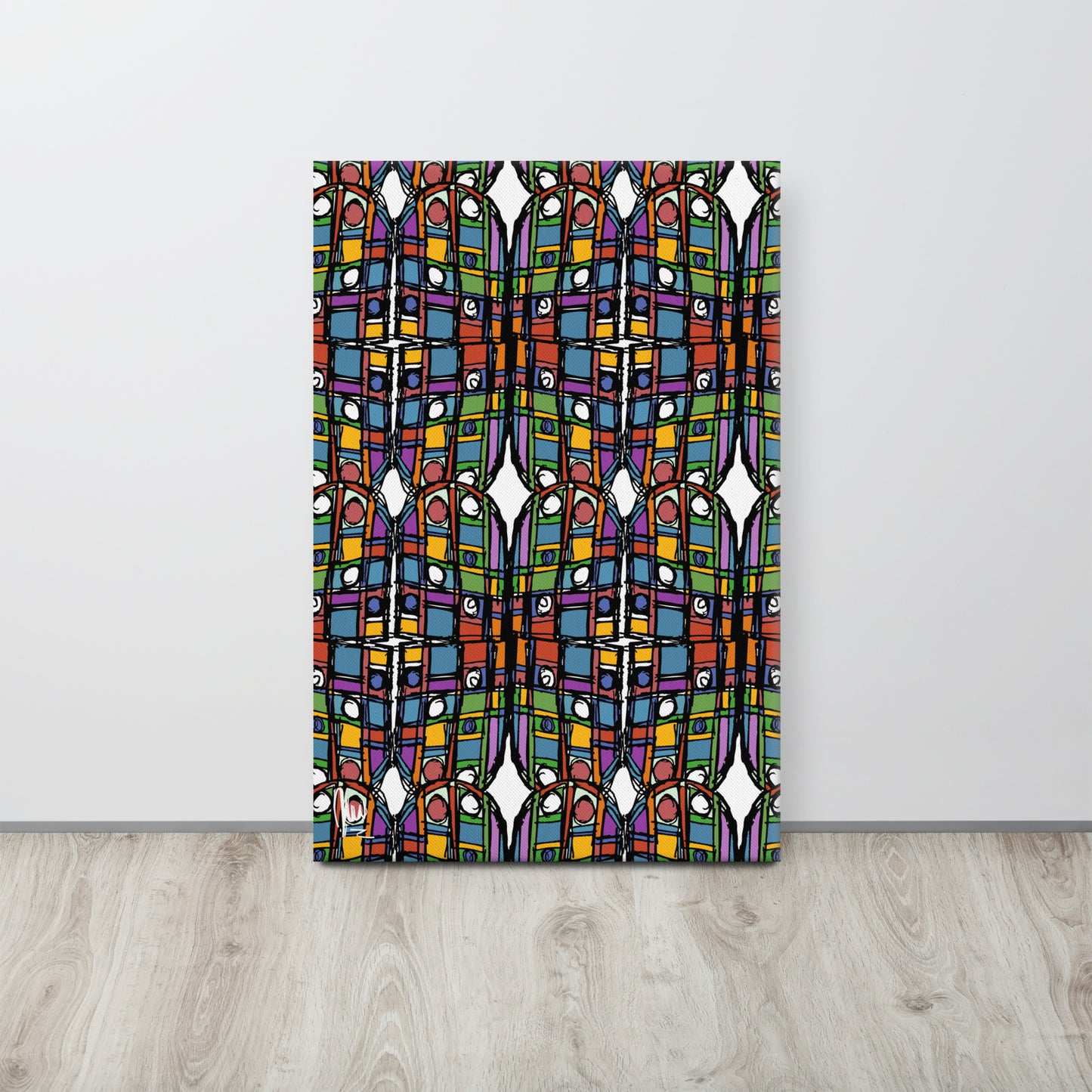 Colorful abstract patterned door on a white wall with wooden floor