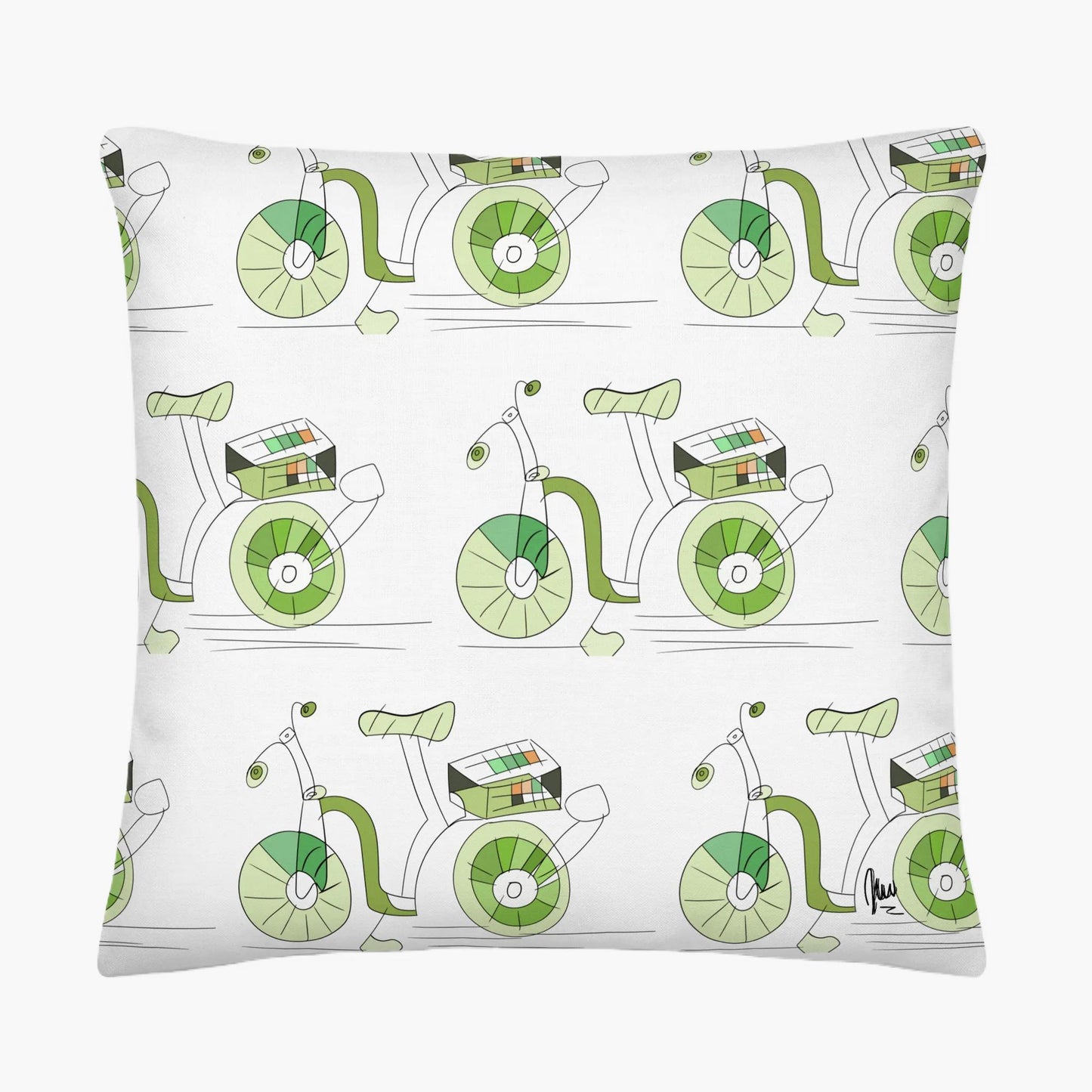 Pillow with green bicycle pattern on a white background