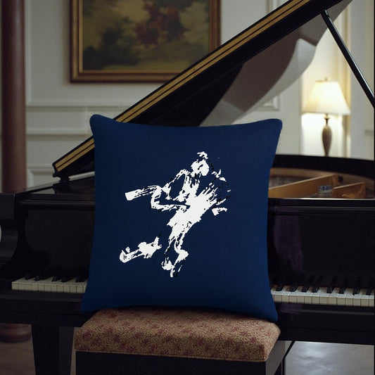 Blue pillow with white abstract design on a piano bench in a room with a lamp and painting. - Northwind Illustrations