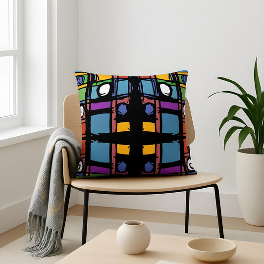 Colorful abstract-patterned pillow on a chair in a room with a plant and table.