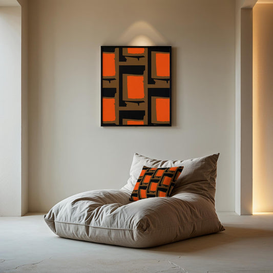 Gray bean bag chair with orange and black pillow against a wall with abstract art - by Northwind Illustrations
