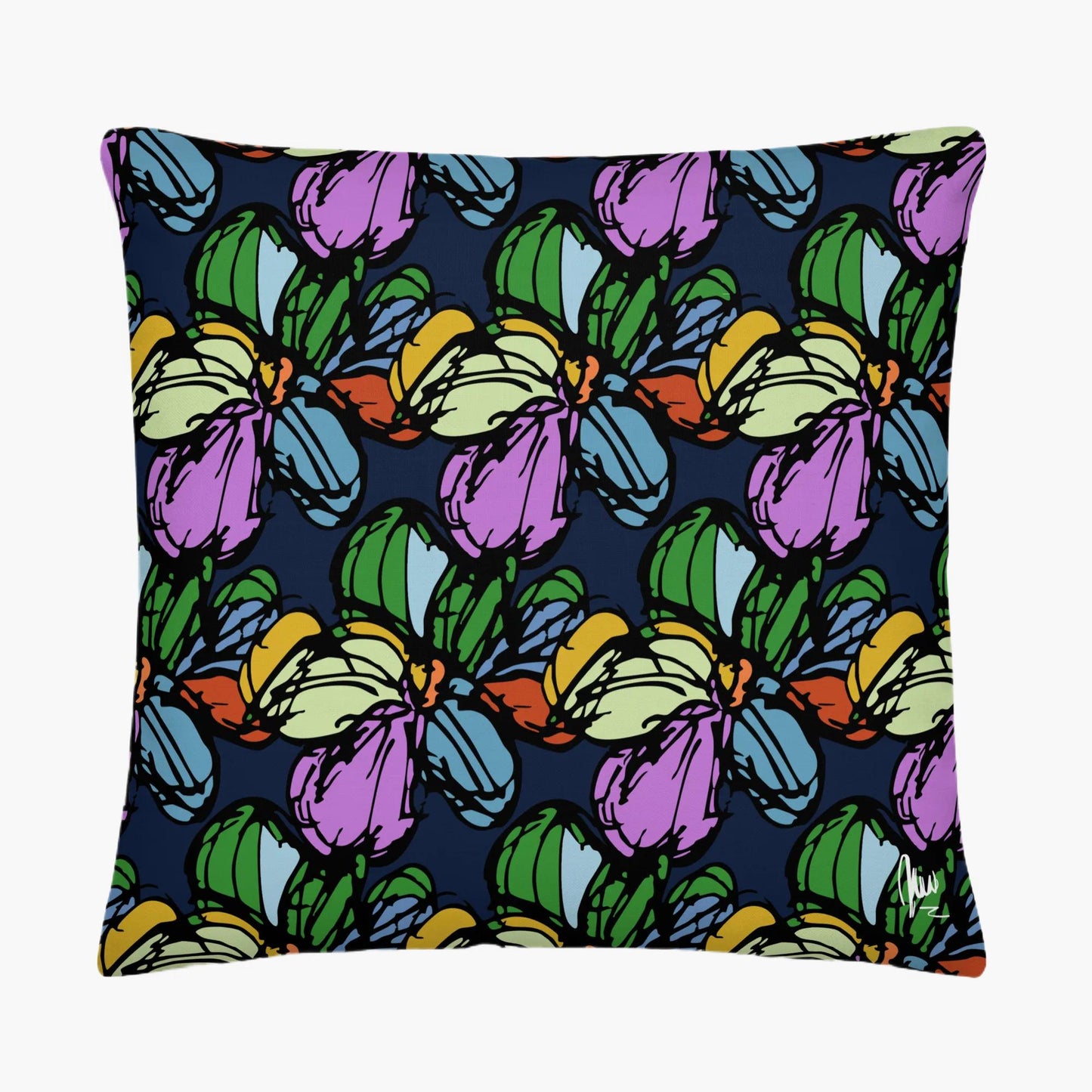 Pillow with colorful butterfly pattern on a blue background - by Northwind Illustrations