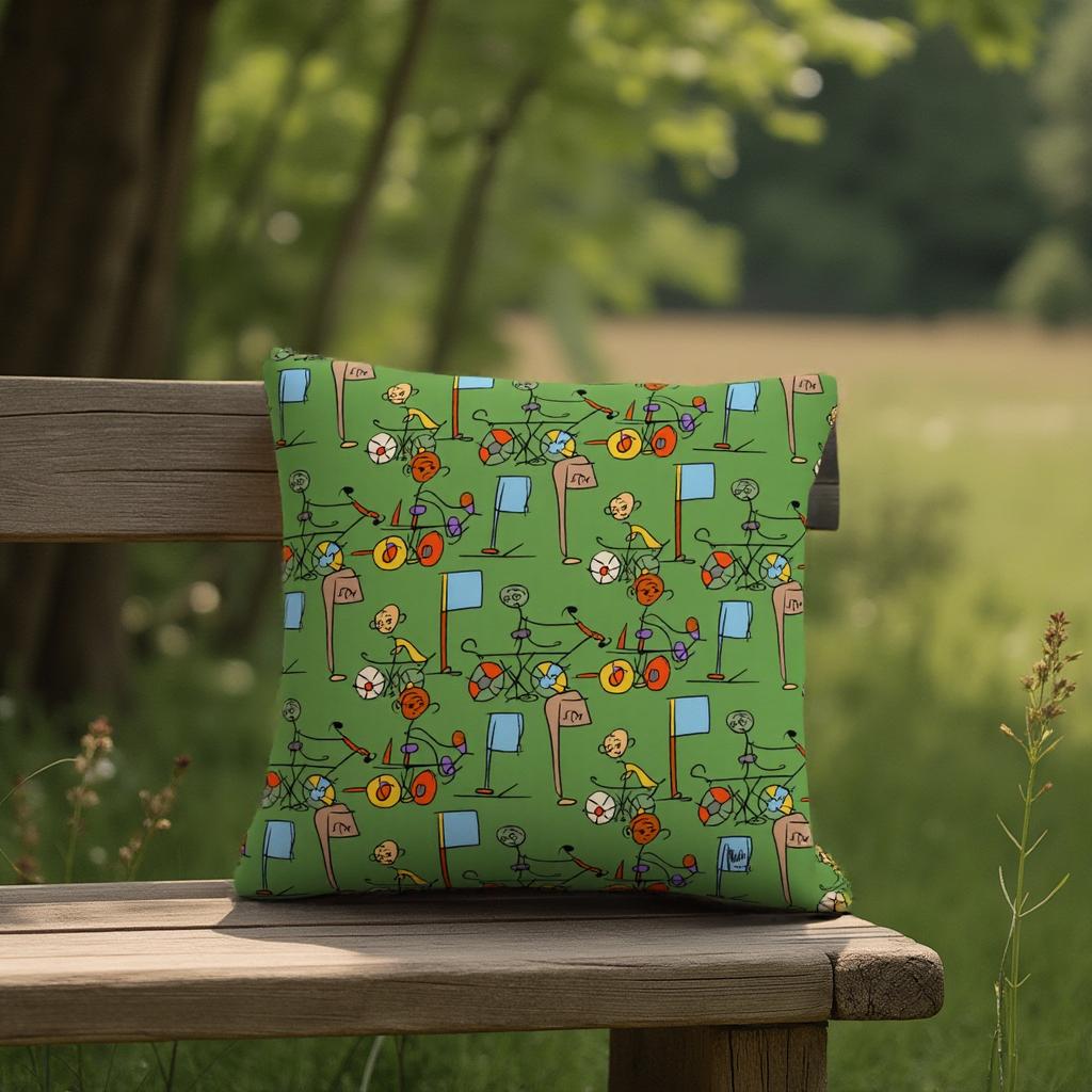Green pillow with colorful patterns on a wooden bench outdoors - by northwind illustrations