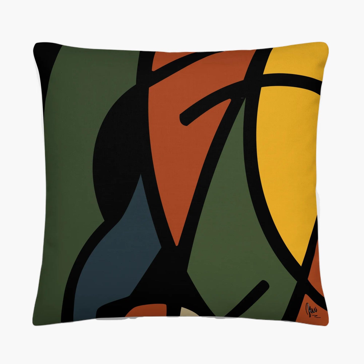 Decorative art cushion with abstract green, yellow, and black design on white — by Northwind Illustrations