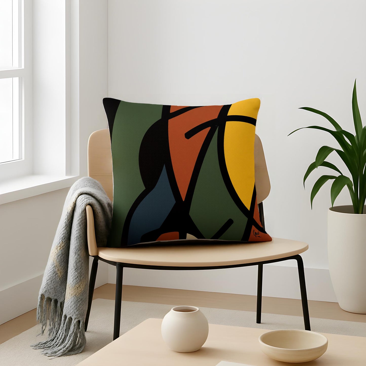 Colorful abstract pillow on a chair in a modern room with a plant and table - by Northwind Illustrations