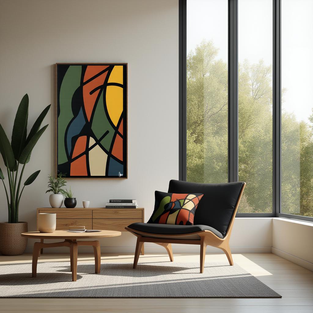 Modern living room with a colorful abstract painting, black chair, and wooden coffee table by northwind illustrations